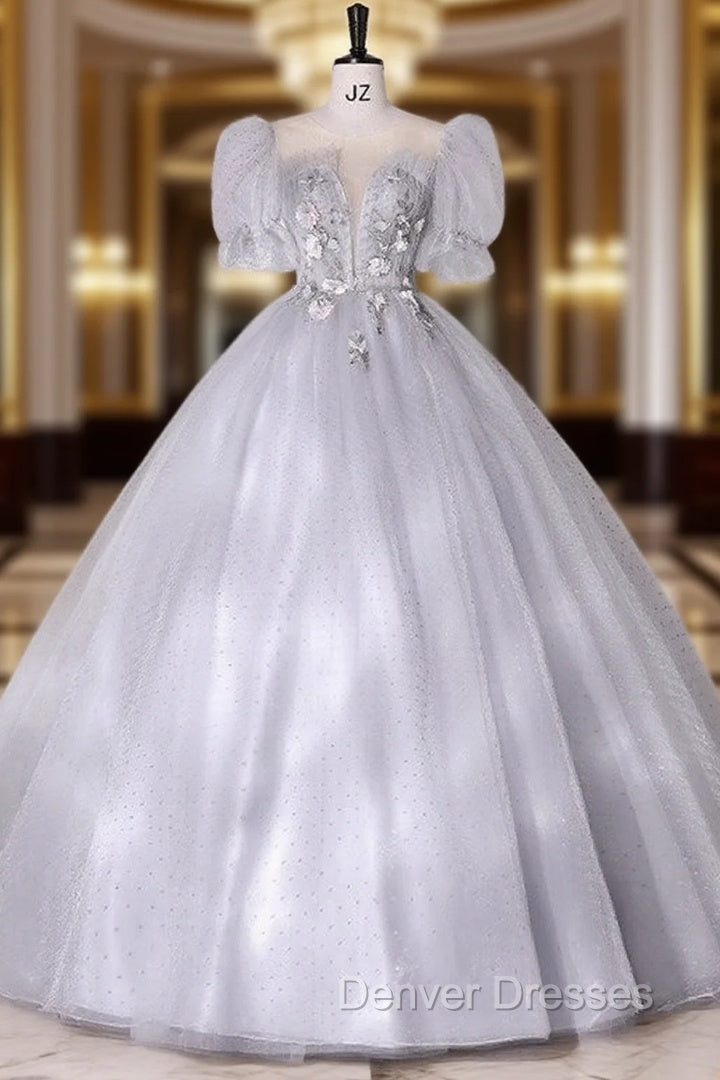 Gray Tulle Puff Sleeve Appliques Quinceanera Dress Main image
