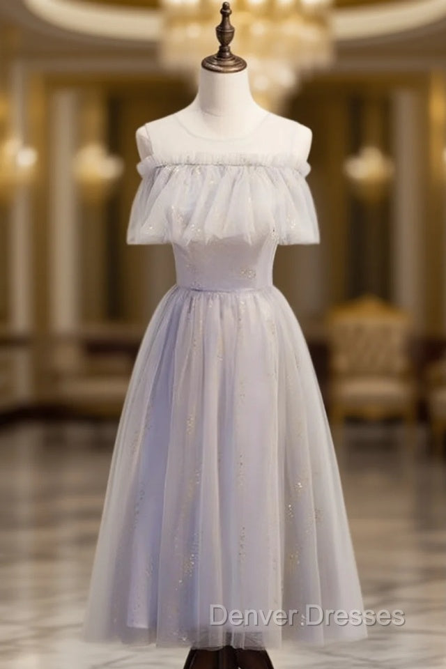 Gray Tulle Scoop Sequins Tea Length prom Dress