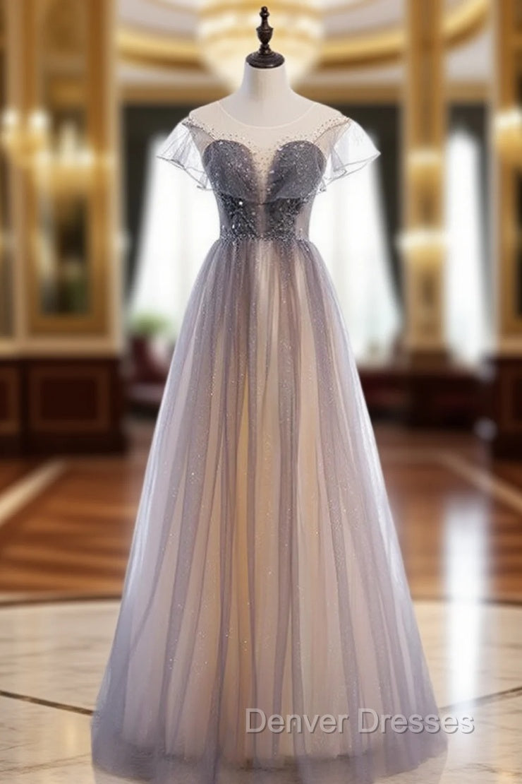 Gray Tulle Scoop Sleeve Beading Sequins Prom Dress