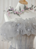 Gray tulle sequin long prom Dress, gray tulle formal Dress