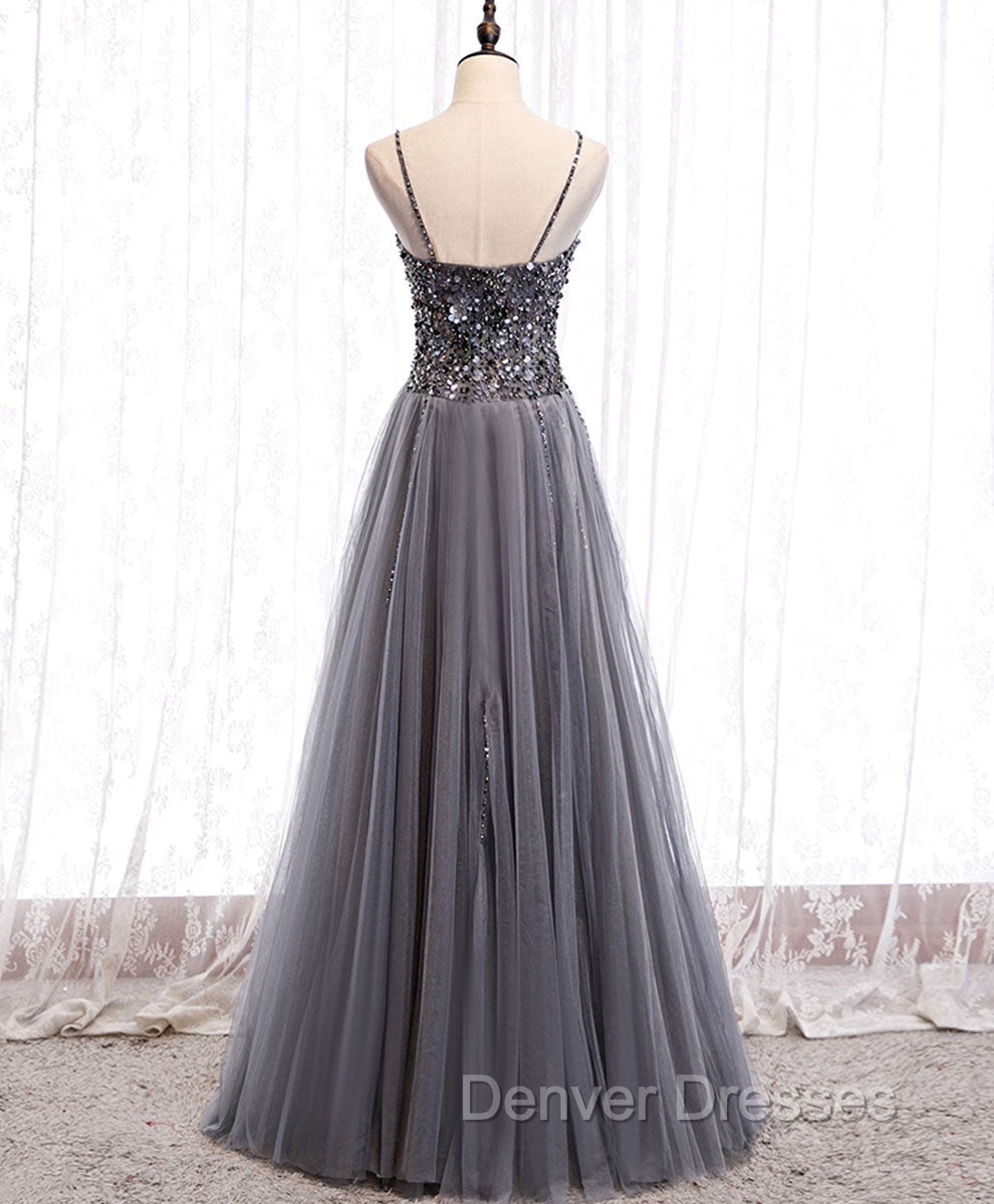 Gray Tulle Sequin Long Prom Dress, Gray Tulle Formal Dress with Beading Sequin Secondary image