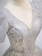 Gray Tulle Sequin Long Prom Dress, Gray Tulle Formal Graduation Dress
