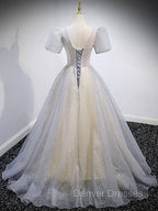Gray Tulle Sequin Long Prom Dress, Gray Tulle Formal Graduation Dress