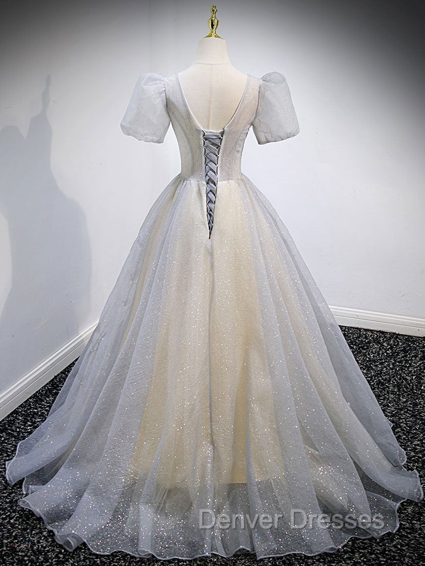 Gray Tulle Sequin Long Prom Dress, Gray Tulle Formal Graduation Dress