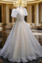 Gray Tulle Sequin Long Prom Dress, Gray Tulle Formal Graduation Dress