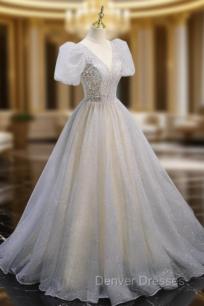 Gray Tulle Sequin Long Prom Dress, Gray Tulle Formal Graduation Dress