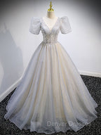 Gray Tulle Sequin Long Prom Dress, Gray Tulle Formal Graduation Dress