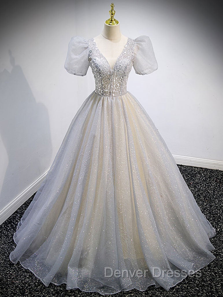 Gray Tulle Sequin Long Prom Dress, Gray Tulle Formal Graduation Dress
