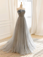 Gray Tulle Sequin Long Prom Dress, Gray Tulle Long Evening Dress
