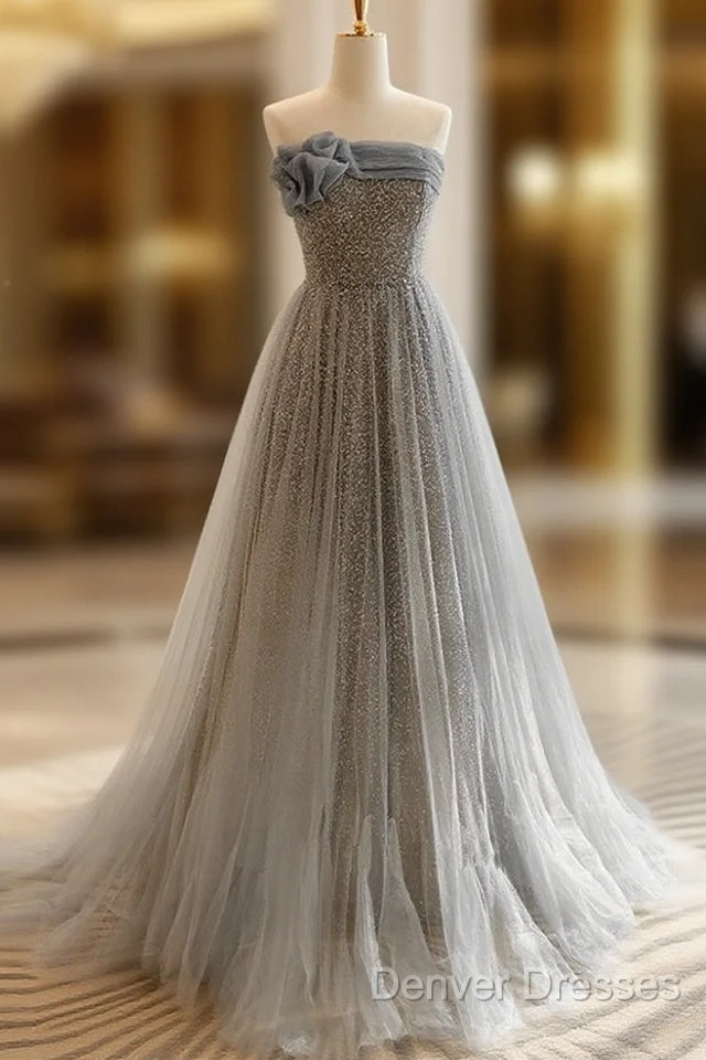 Gray Tulle Sequin Long Prom Dress, Gray Tulle Long Evening Dress Main image