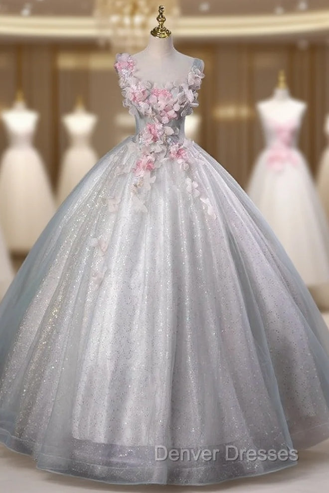 Gray Tulle Sequins 3D Flower Quinceanera Dress Main image