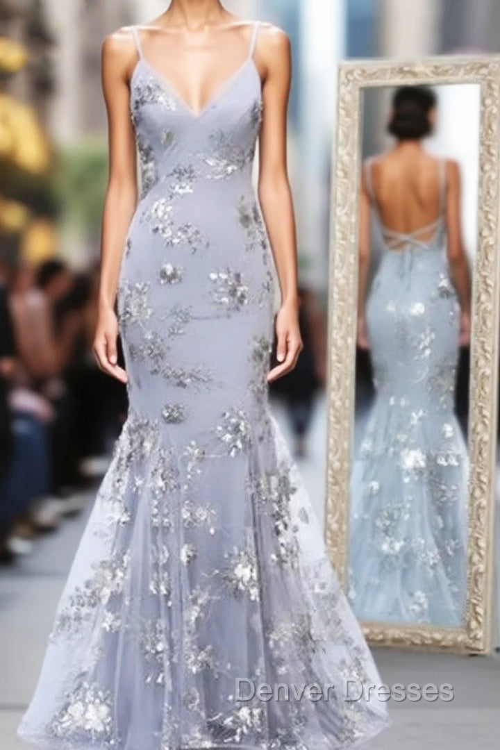 Gray Tulle Sequins Appliques Spaghetti Straps Backless Long Prom Dress