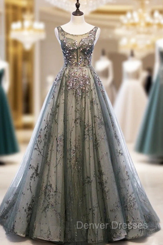 Gray Tulle Sequins Backless Sleeveless Prom Dress Main image