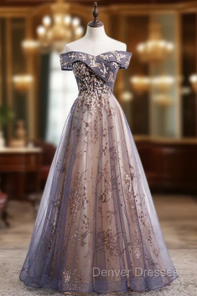 Gray Tulle Sequins Beading Off the Shoulder Prom Dress Main image
