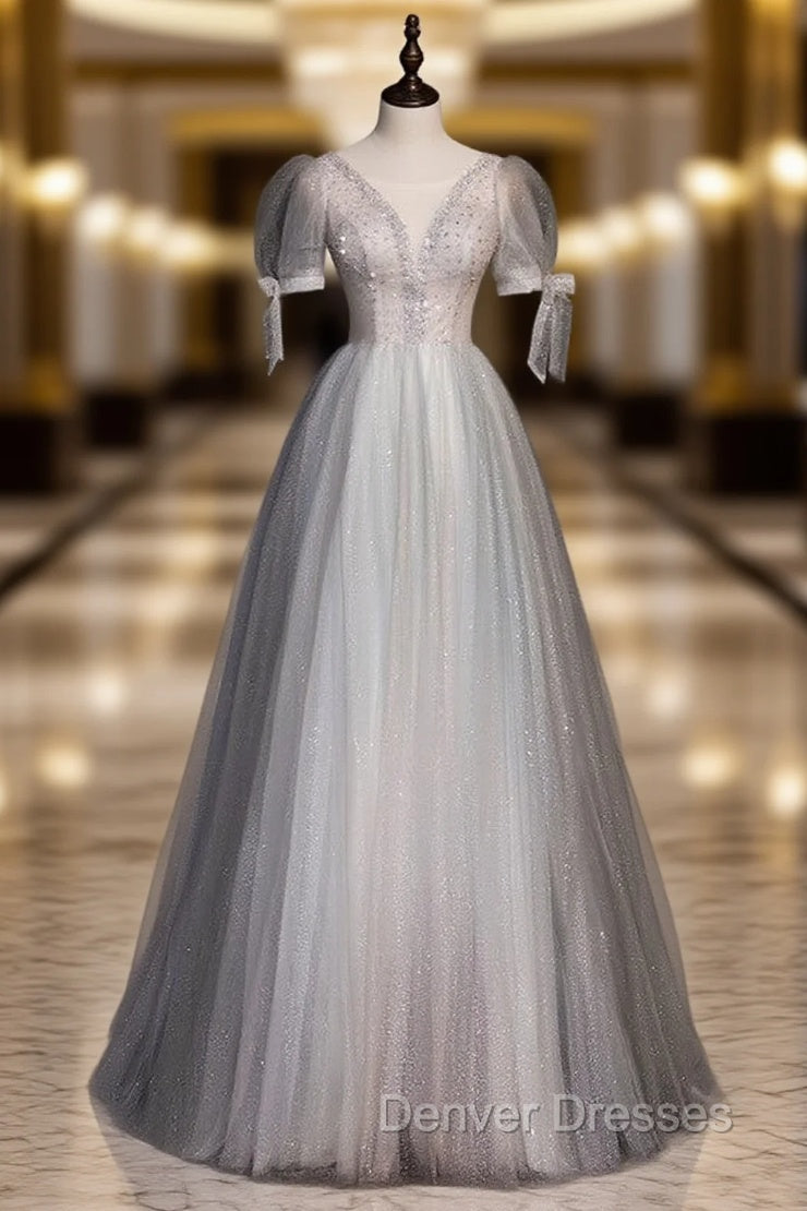 Gray Tulle Sequins Beading Short Sleeve Prom Dress