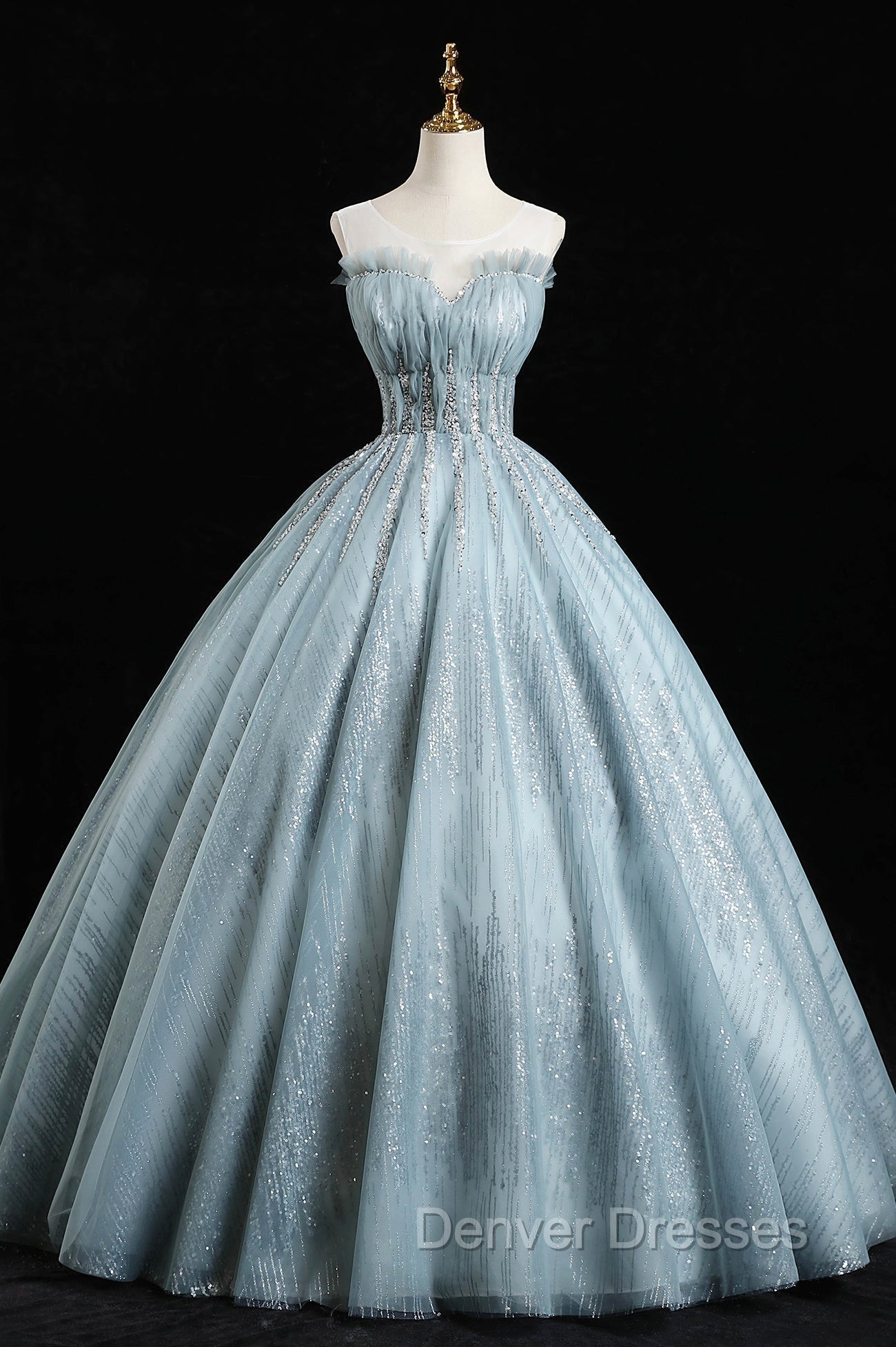 Gray Tulle Sequins Floor Length Prom Dress, A-Line Evening Party Gown Main image