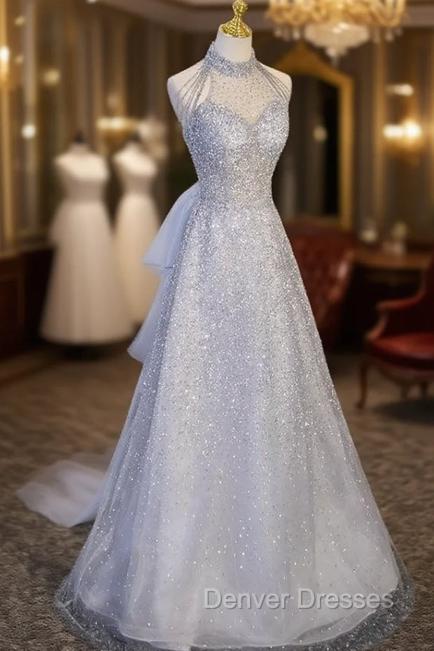 Gray Tulle Sequins High Neck Beading Prom Dress