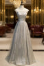 Gray Tulle Sequins High Neck Cap Sleeve Prom Dress