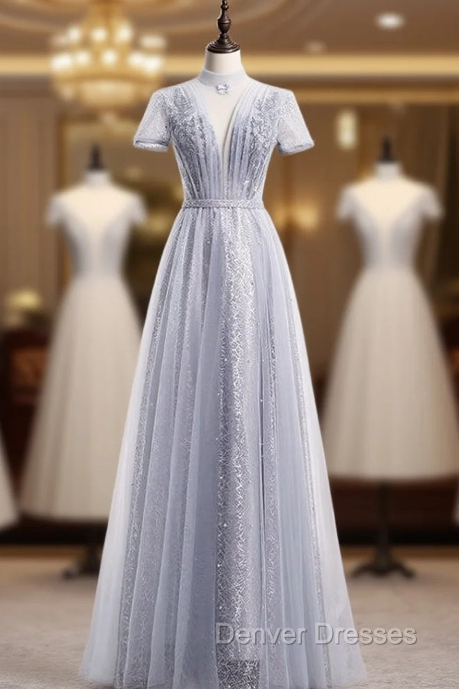 Gray Tulle Sequins High Neck Short Sleeve Beading Prom Dress Main image