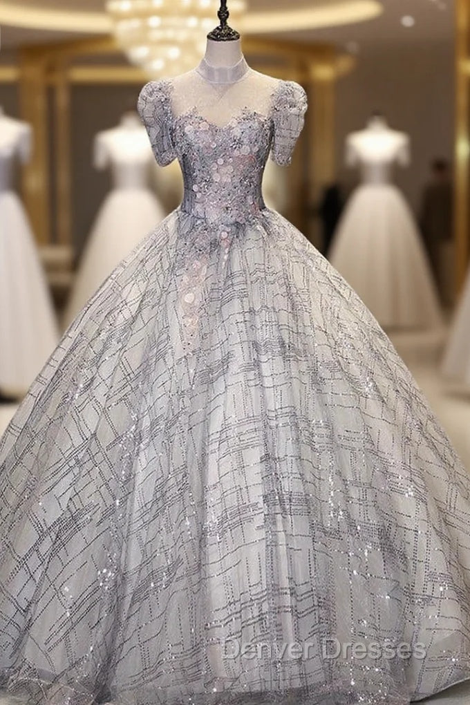 Gray Tulle Sequins High Neck Short Sleeve Quinceanera Dress