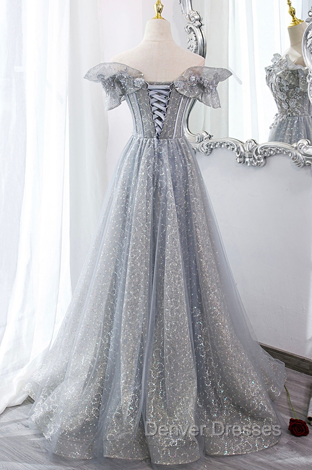 Gray Tulle Sequins Long A-Line Prom Dress, Off the Shoulder Graduation Dress Secondary image
