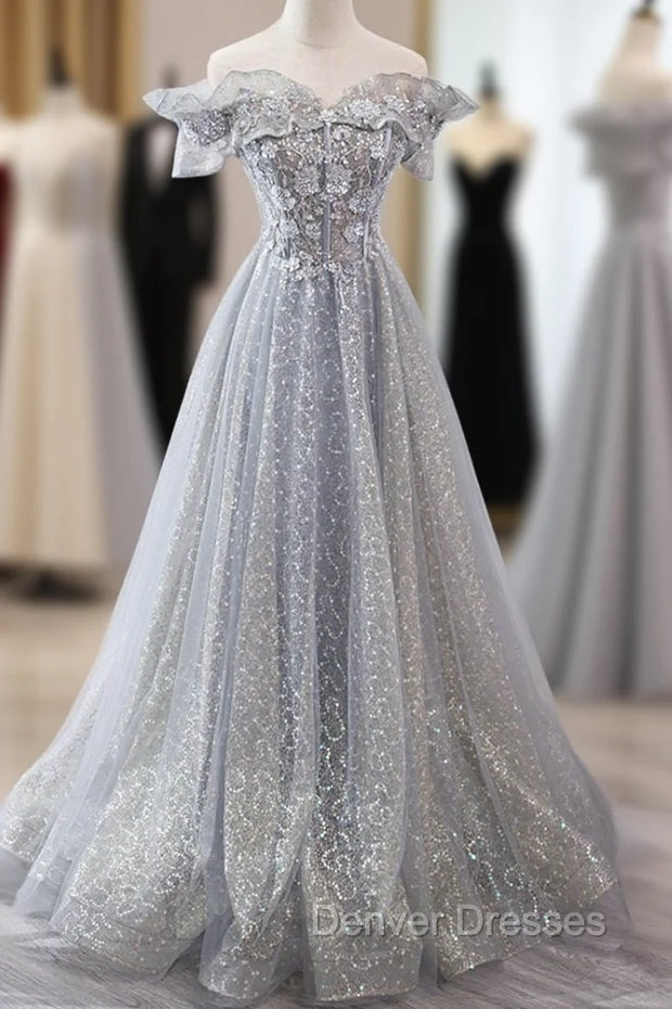 Gray Tulle Sequins Long A-Line Prom Dress, Off the Shoulder Graduation Dress Main image