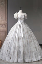 Gray Tulle Sequins Long Prom Dress, A-Line Evening Party Dress