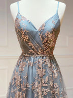 Gray Tulle Sequins Long Prom Dress, A-Line Spaghetti Straps Formal Dress
