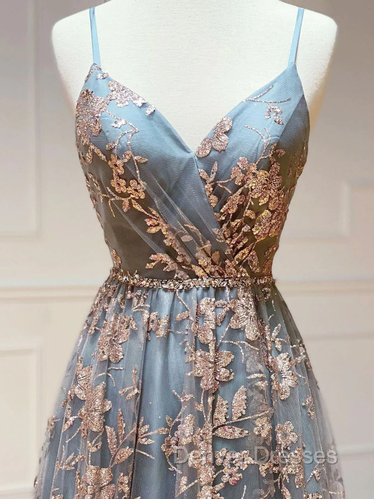 Gray Tulle Sequins Long Prom Dress, A-Line Spaghetti Straps Formal Dress