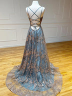 Gray Tulle Sequins Long Prom Dress, A-Line Spaghetti Straps Formal Dress