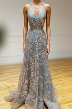 Gray Tulle Sequins Long Prom Dress, A-Line Spaghetti Straps Formal Dress