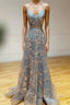 Gray Tulle Sequins Long Prom Dress, A-Line Spaghetti Straps Formal Dress