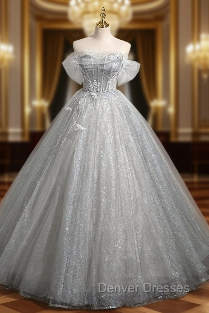 Gray Tulle Sequins Off the Shoulder Appliques Quinceanera Dress Main image