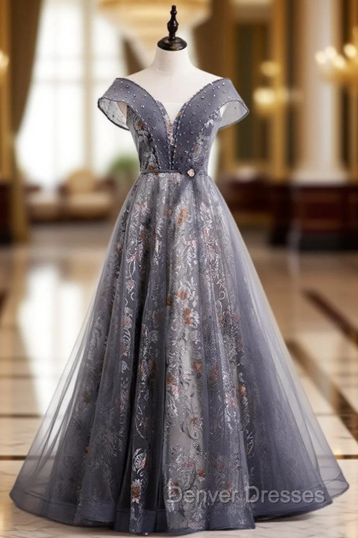 Gray Tulle Sequins Off the Shoulder Beading Prom Dress Main image