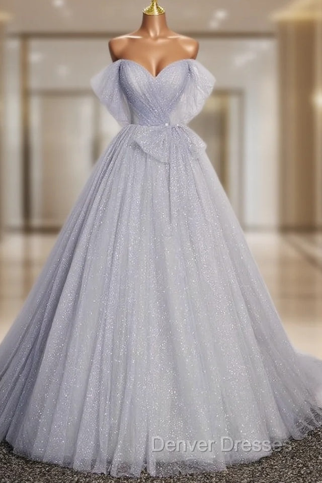 Gray Tulle Sequins Off the Shoulder Pleats Prom Dress Main image