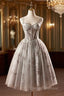 Gray Tulle Sequins Short Prom Dress, A-Line Spaghetti Straps Backless Party Dress