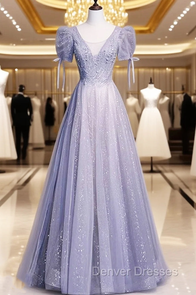 Gray Tulle Sequins Short Sleeve Beading Prom Dress Main image