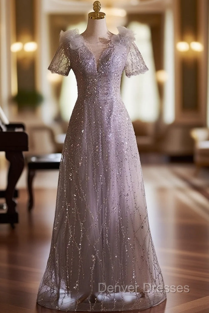 Gray Tulle Sequins Short Sleeve Prom Dress Main image