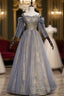Gray Tulle Sequins Spaghetti Straps Long Sleeve Prom Dress