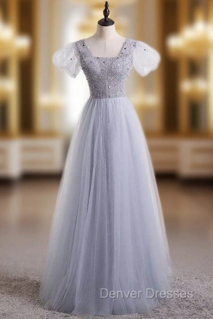 Gray Tulle Sequins Sqyare Short Sleeve Beading Prom Dress