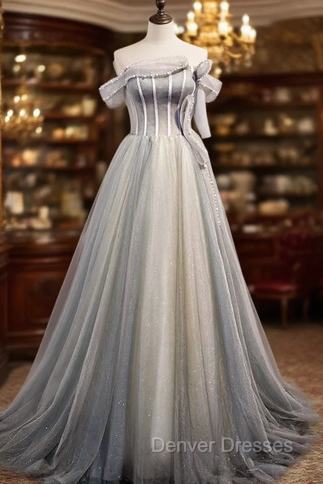 Gray Tulle Sequins Strapless Pearls Prom Dress Main image