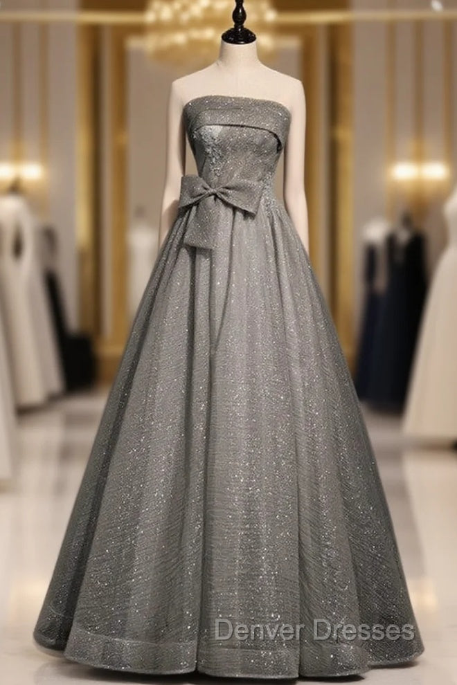 Gray Tulle Sequins Strapless Pleats Beading Prom Dress Main image