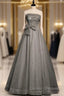 Gray Tulle Sequins Strapless Pleats Beading Prom Dress