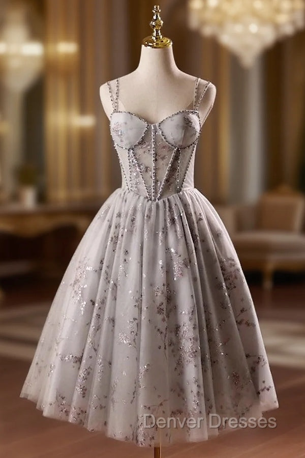 Gray Tulle Sequins Straps Homecoming Dress