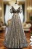 Gray Tulle Sequins V-neck Pleats Beading Prom Dress