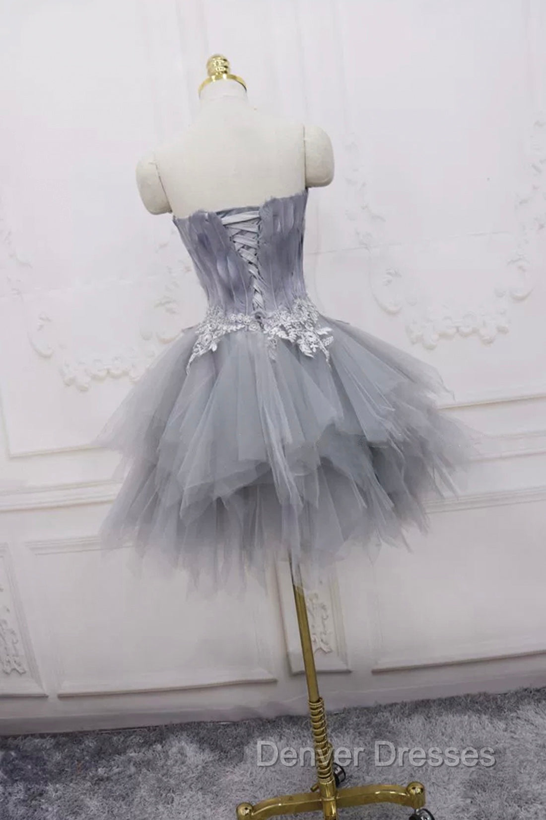 Gray Tulle Short Prom Dress with Feather, Chic A-Line Strapless Party Dress Secondary image