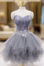 Gray Tulle Short Prom Dress with Feather, Chic A-Line Strapless Party Dress