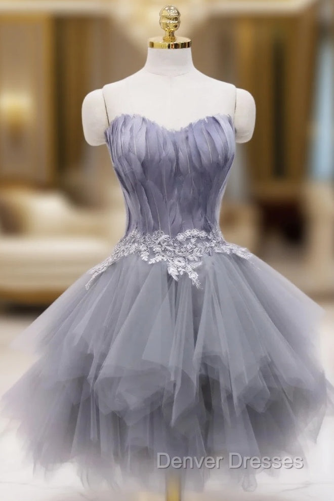 Gray Tulle Short Prom Dress with Feather, Chic A-Line Strapless Party Dress Main image