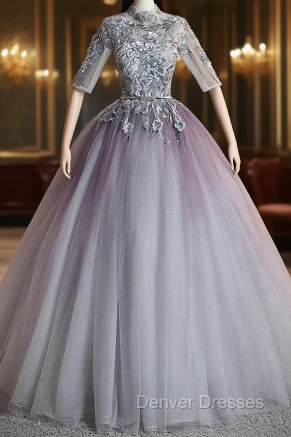 Gray Tulle Short Sleeve High Neck Quinceanera Dress Main image