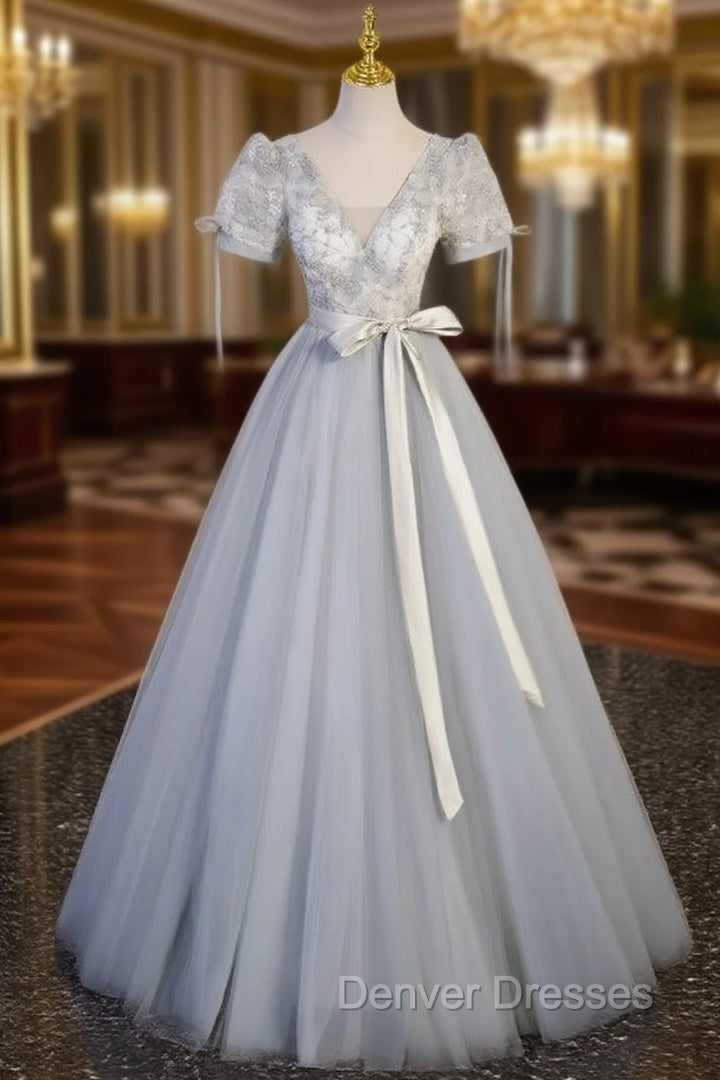 Gray Tulle Short Sleeve V-neck Appliques Prom Dress Main image